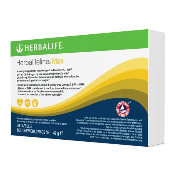 Herbalifeline® Max is een voedingssupplement, rijk aan Omega-3 essentiële vetzuren EPA en DHA, welke bijdragen aan een normale functie van het hart, alsmede het behoud van normale bloeddruk en bloedtriglyceride niveaus. DHA draagt ook bij aan het behoud v